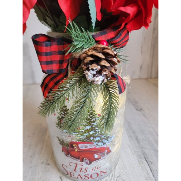 Faux flowers red white 'tis the season glass vase light up Xmas tabletop decor - Picture 13 of 13